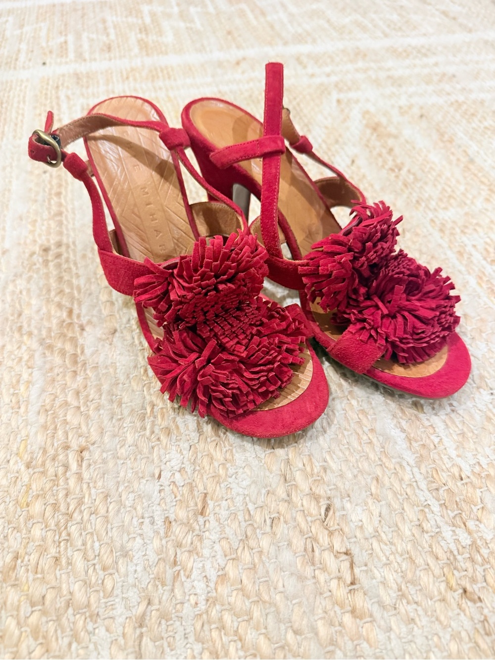 Chie Mihara Red Suede Pom-Pom T-Strap Slingback Heels